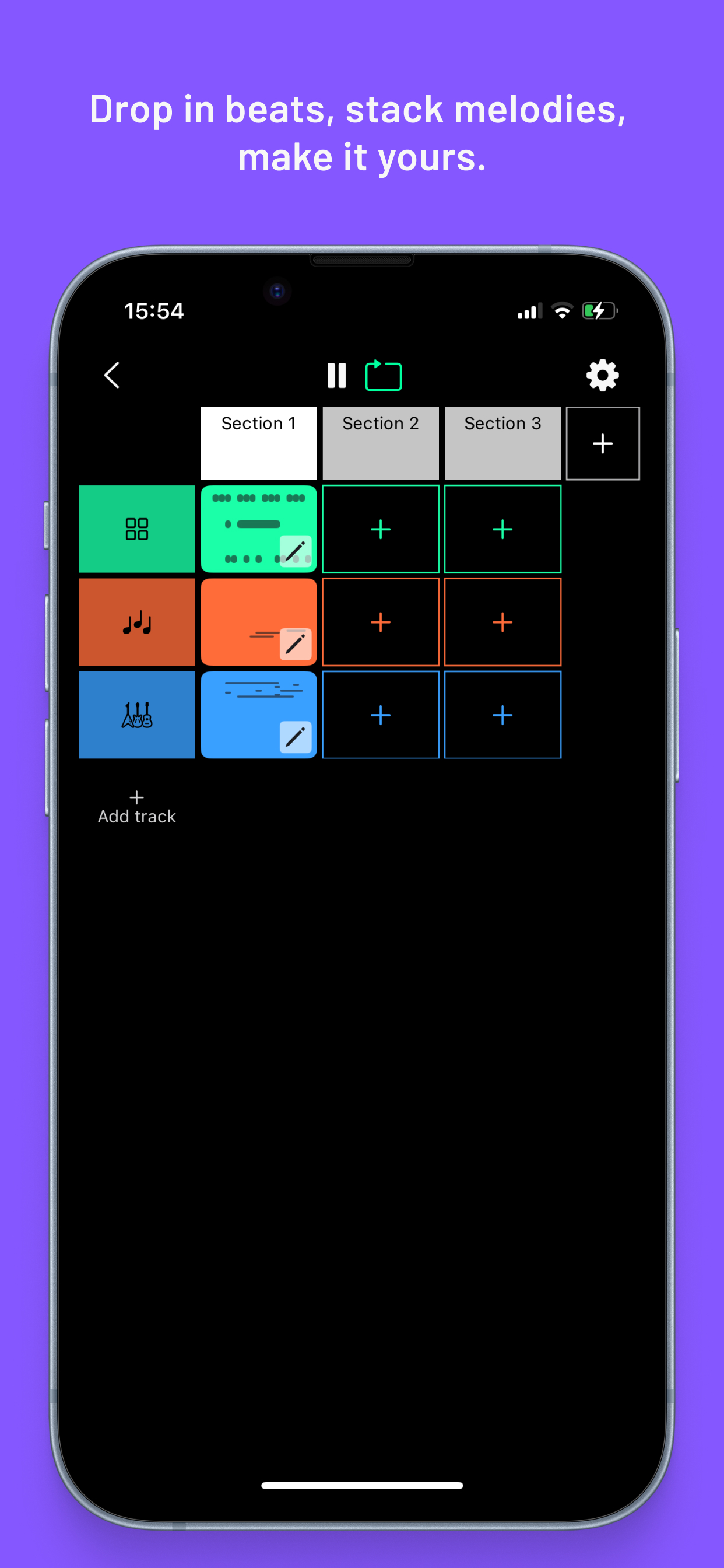 Midicircuit song view on iPhone: drop in beats, stack melodies, make it yours